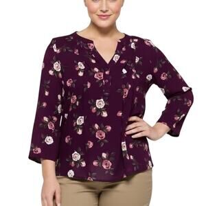 Monday Fun Split Neck Floral Blouse Purple Women Size Medium NWOT